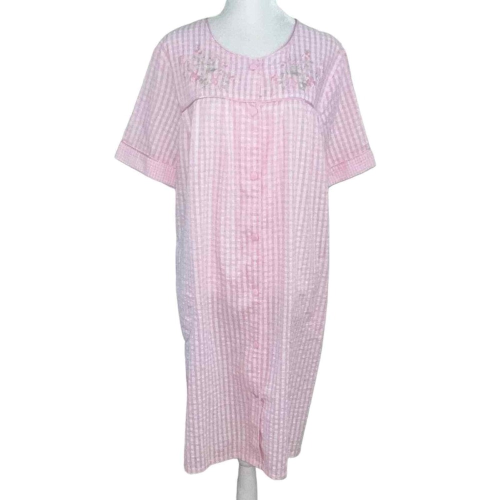 Croft & Barrow House Dress Womens Medium Pink Gingham Seersucker Snap Floral